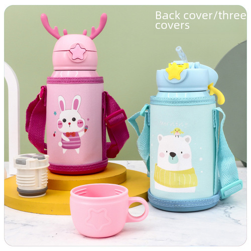 Cartoon Children's Straps Water Cup Straw Cup, Kindergarten Vacuum Double Lid 316 Double Layer Stainless Steel Insulated Cup