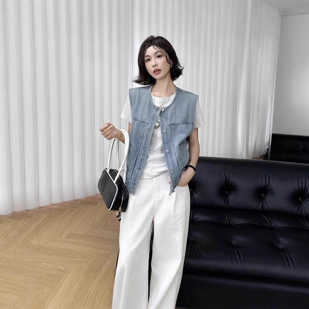 유럽 패션 데님 조끼 여성 봄 및 가을 유행 서양식 외부 짧은 자켓 착용 민소매 가운 어깨 스택 탑