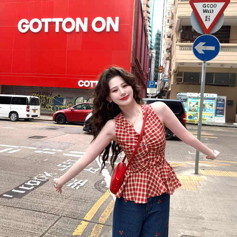 Retro French-Style Red Plaid Camisole Women's Summer Youthful New Design Sleeveless Slim-Fit Top for Women