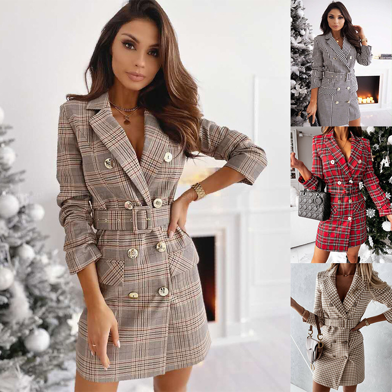 2021 Amazon European and American Cross-border Autumn and Winter New Women's Plaid Belt Double-breasted Suit Dress 2021 Amazon European and American Cross-border Autumn and Winter New Women's Plaid Belt Double-breasted Suit Dress