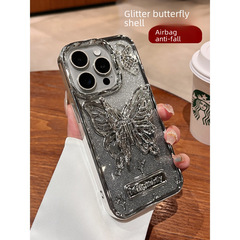 立體蝴蝶適用蘋果15Promax手機殼新款14pro漸變閃粉全包ip13高級