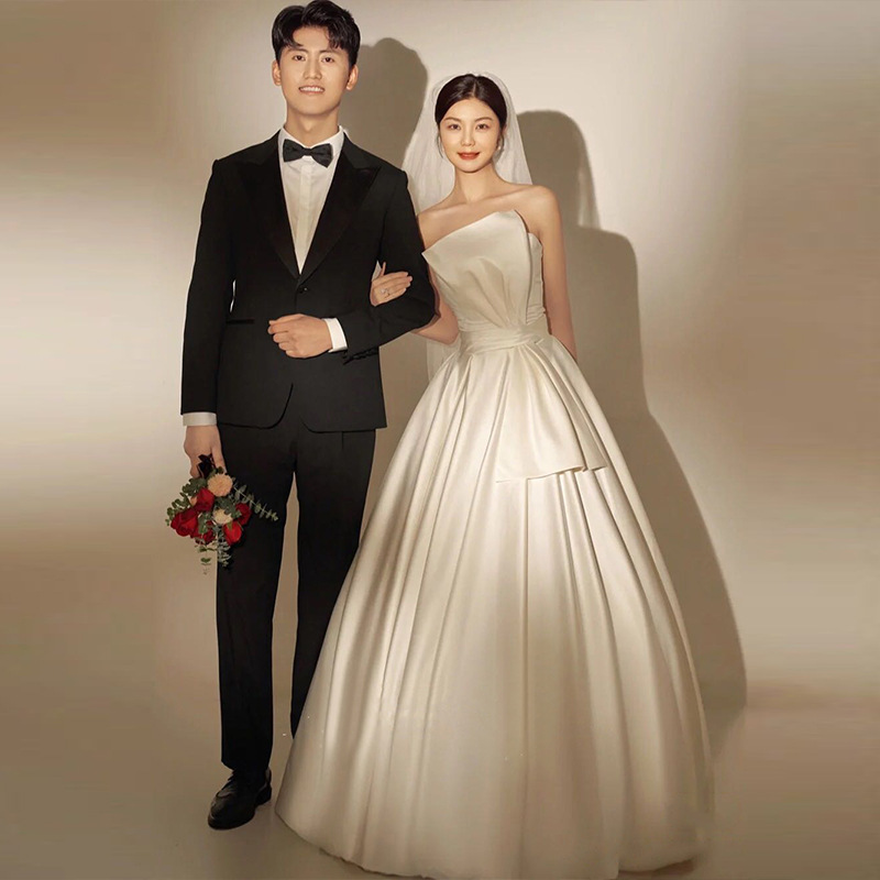 French Tube Top Light Wedding Dress Bride Elegant Simple Satin Floor-Length Welcome Out Gauze Forest Dress Skirt Petite