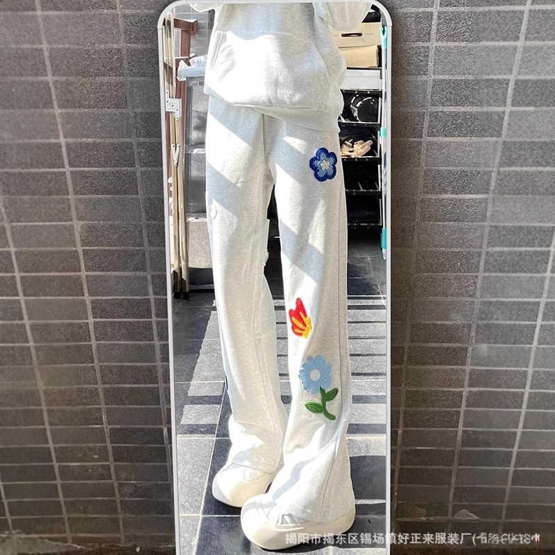 Chinese Style Floral Embroidery White-Gray Casual Pants for Women Spring 2025 New Loose Straight Drape Wide-Leg Sweatpants