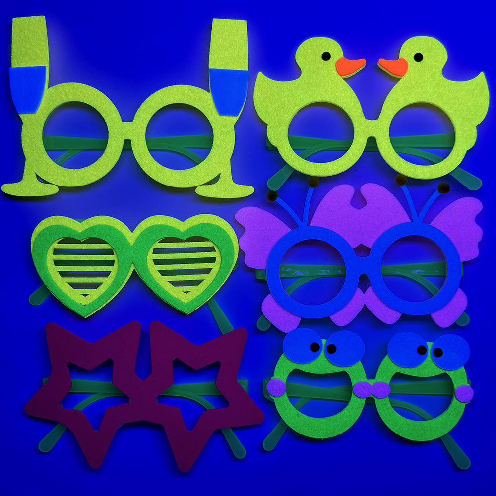 Nuevas decoraciones de fiesta con tema fluorescente, gafas, cumpleaños para niños, ambiente fotográfico, accesorios de vestir, marco de gafas de fieltro