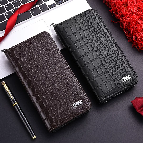 Cross-Border Hot Selling Business Men's New Zipper Wallet Patent Leather Crocodile Pattern Large Capacity Coin Purse Clutch Bag Multi-Card