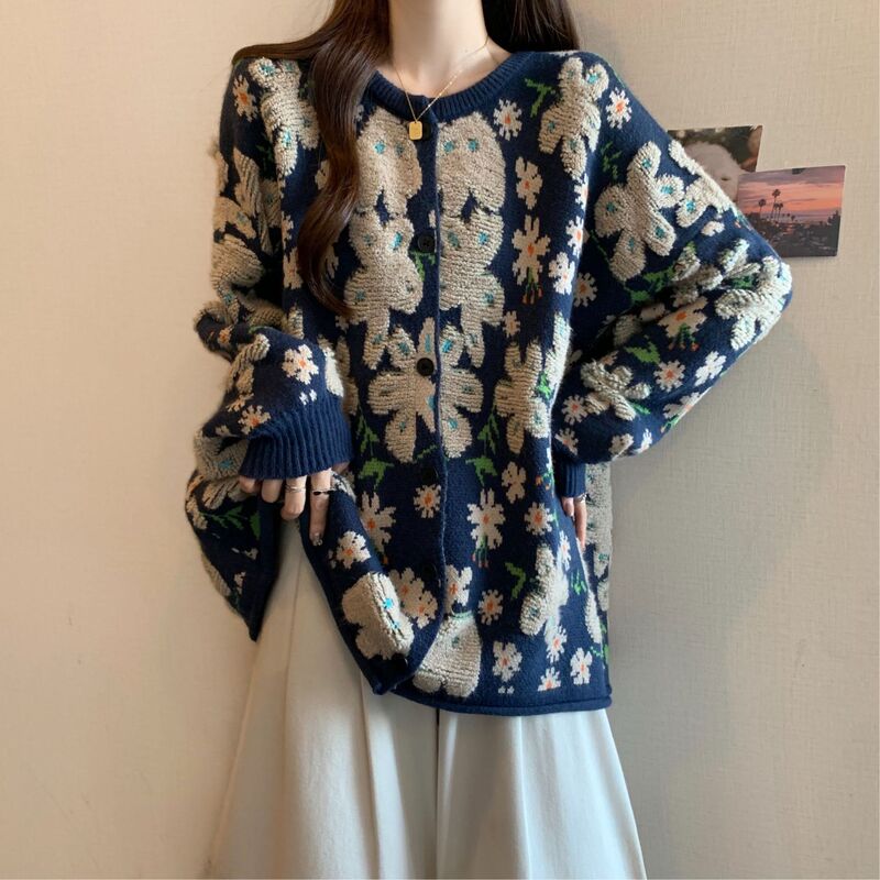大码女装胖mm春秋新款2025开衫长袖花朵毛衣时尚宽松款毛衣针织衫|undefined