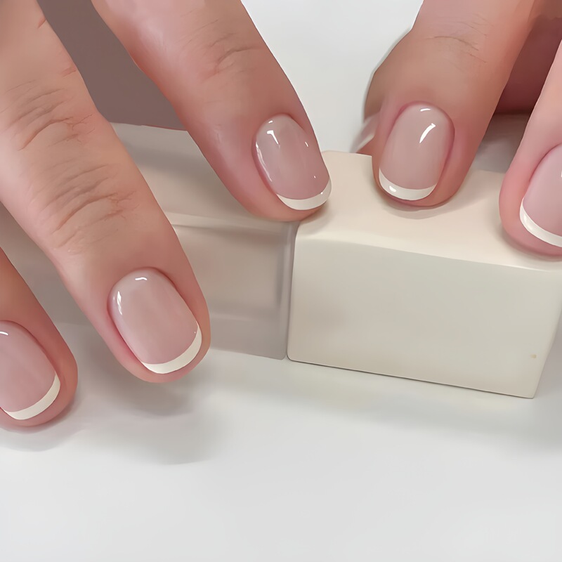 Short Nude White Edge French Wearable Fake Nails Simple Whitening Manicure Patch Nails