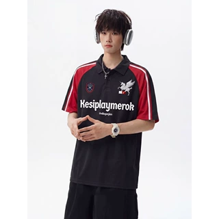 2026新款美式复古撞色拼接Polo衫男款夏季潮牌宽松运动字母印花短