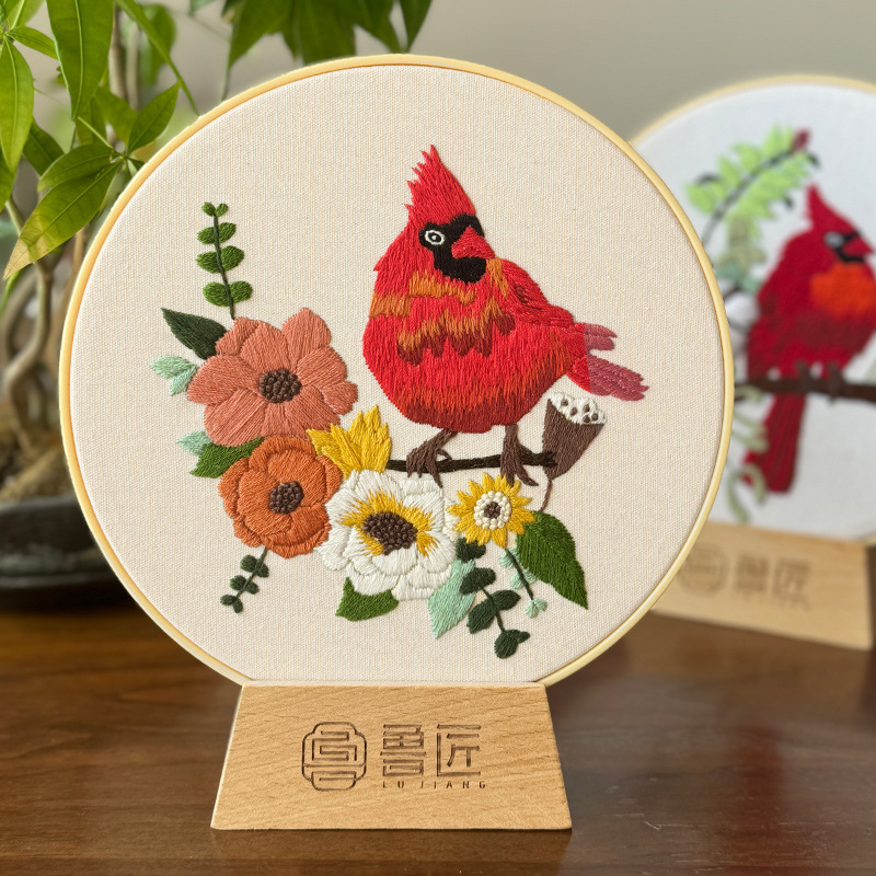 Lu bordado cardenales cuadros colgantes paquete de material de bricolaje bordado a mano flores tridimensionales pájaro animal tela tela punto de cruz pintura pequeña