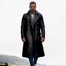 外贸春秋男PU皮衣欧美大码中长款皮风衣双排扣皮外套德国军装