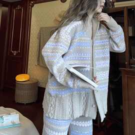 秋冬睡衣女士加厚保暖小香风毛衣开衫套装家居服冬季外出条纹爆款