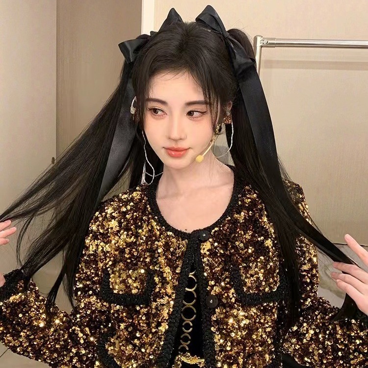 明星同款黑色超長飄帶蝴蝶結髮夾高級感立體側邊夾甜心少女髮飾