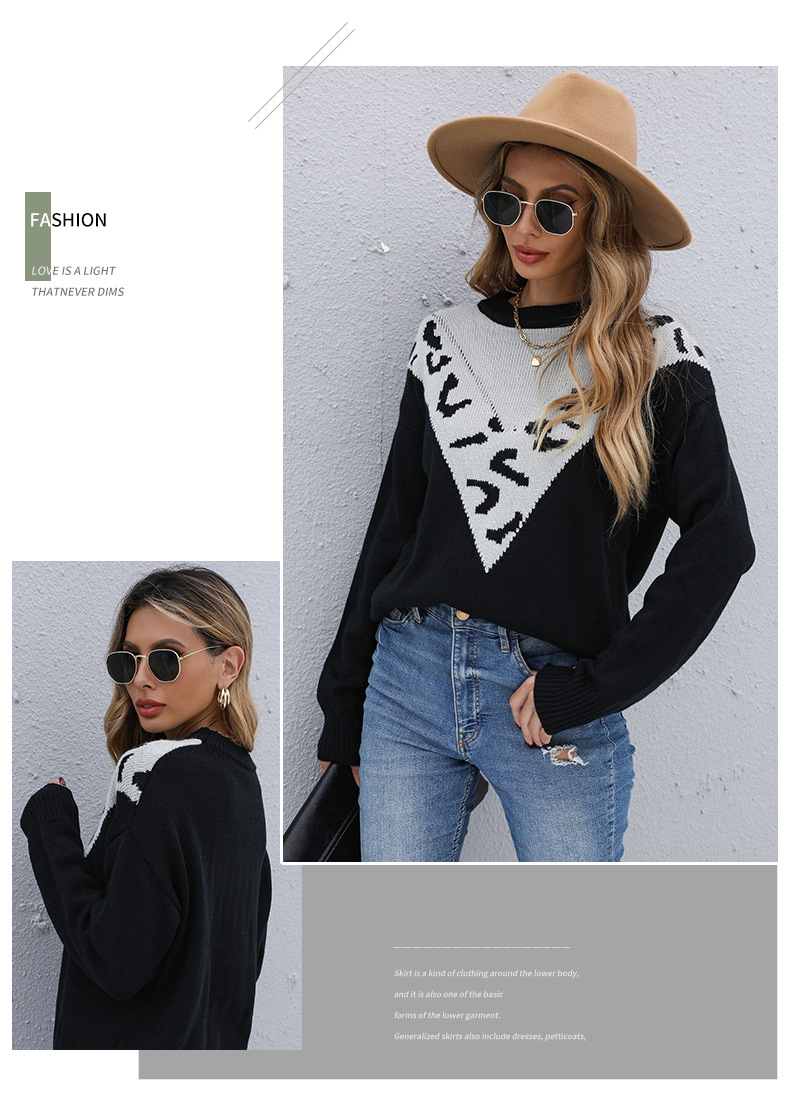 Pullover maglione sciolto a maniche lunghe con stampa leopardata a contrasto_voghion.com