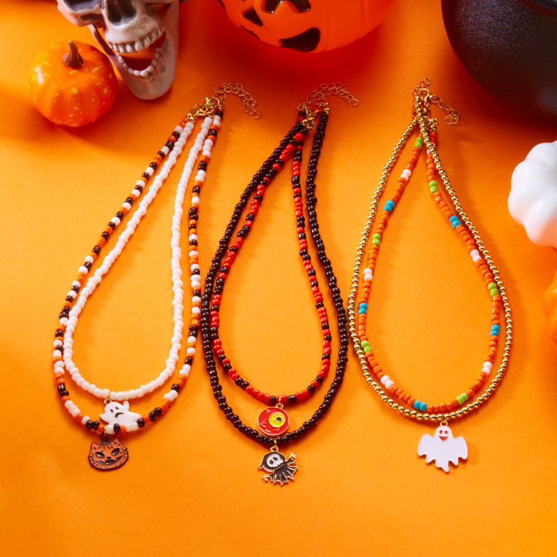 ハロウィン二層ネックレスヨーロッパとアメリカのクロスボーダー新しいゴーストステッチコントラストカラーライスビーズネック鎖骨チェーンレトロ|undefined