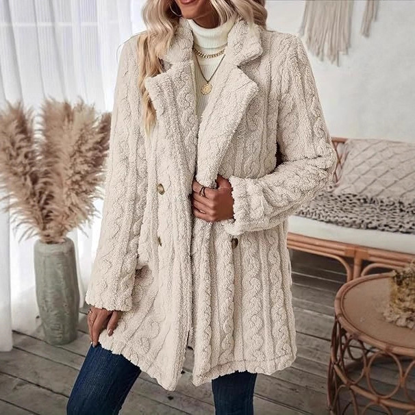 Amazon European and American Explosions Women's Plush Coat Comfortable Casual Warm-keeping Long Coat with Double-breasted Collar