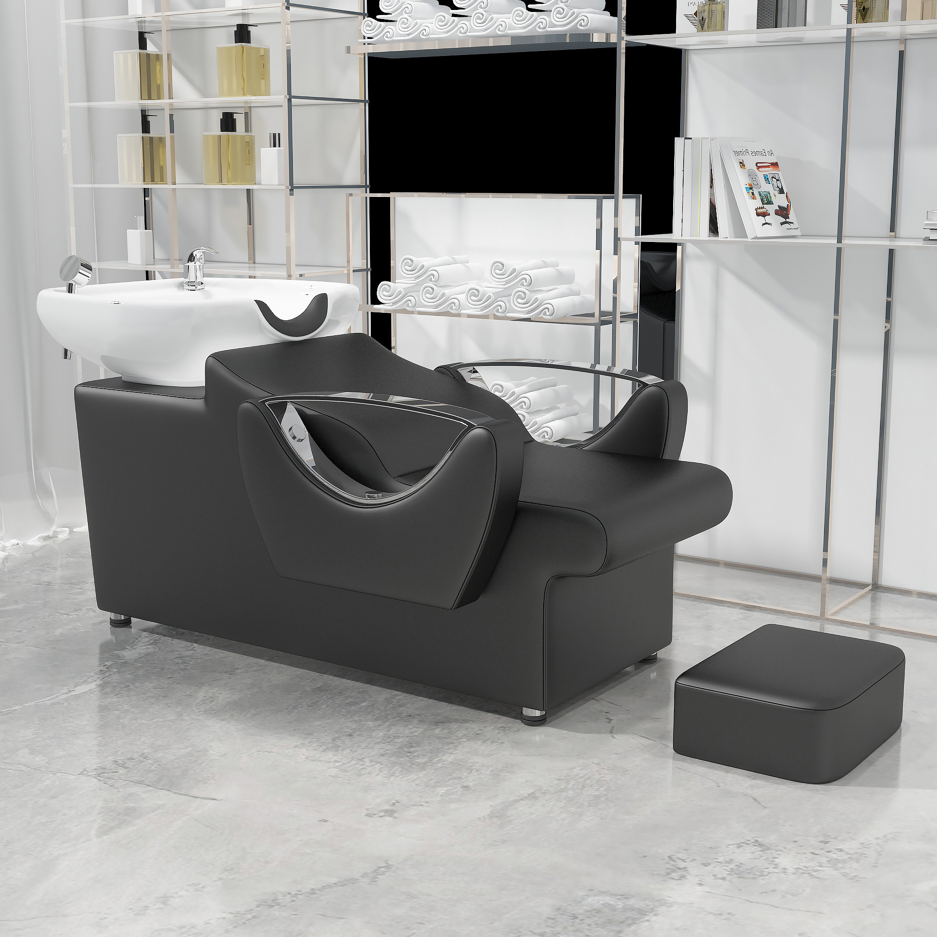 Barbería cama de lavado de cabello semi-recostada cama de lavado de cabello salón de peluquería lavabo de cerámica sillón con pedal cama de lavado de cabello de cuero