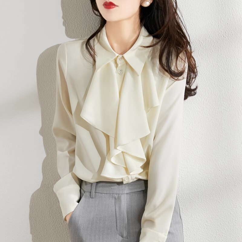 Jane Tea Dyed Four Seasons Wearing Classic Slack Bottoming Shirt on Cabinet Korean T-shirt Full Score All-match Flip A- Collar Shirt