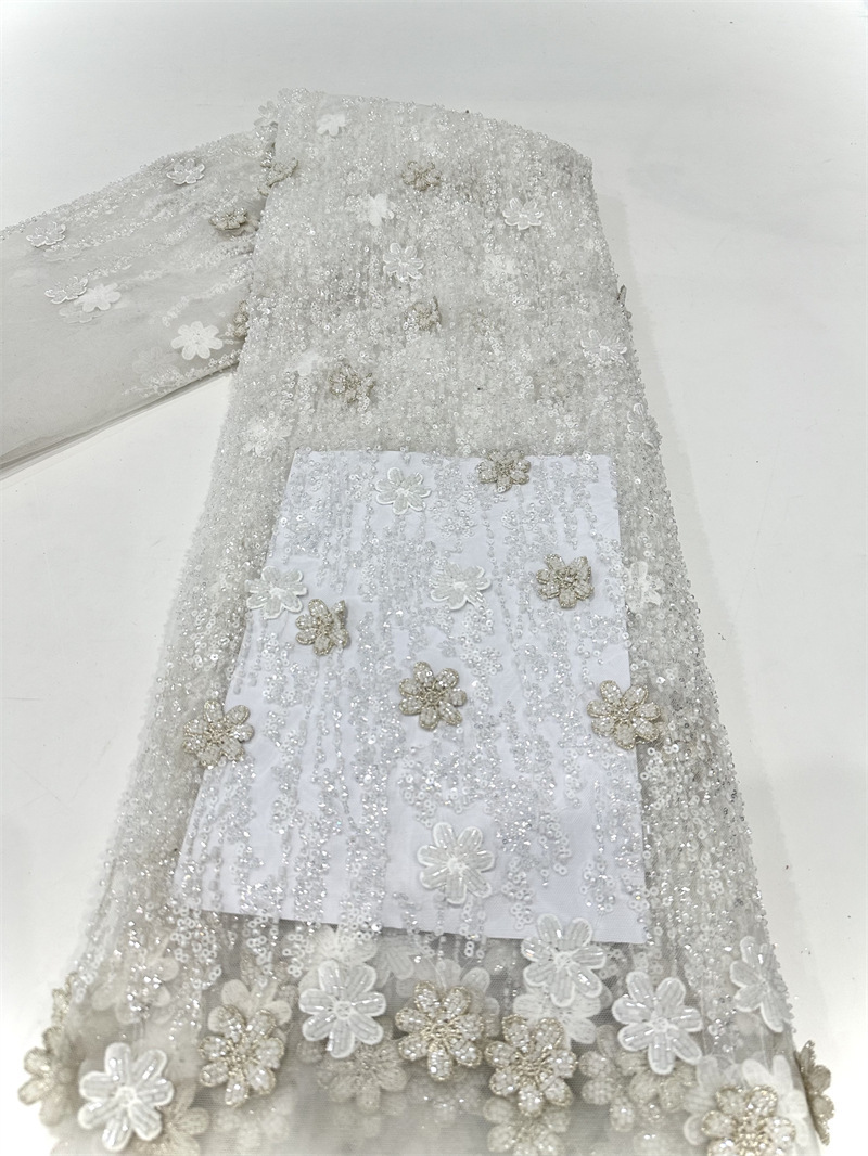Multicolor decalca hecha a mano tubo de perlas bordado tela de malla pequeña cena de hadas fresca vestido de boda tela de vestido