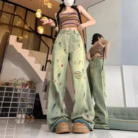 2025年夏季新款欧美式复古泼墨破洞牛仔裤子女高街vibe低腰阔腿裤