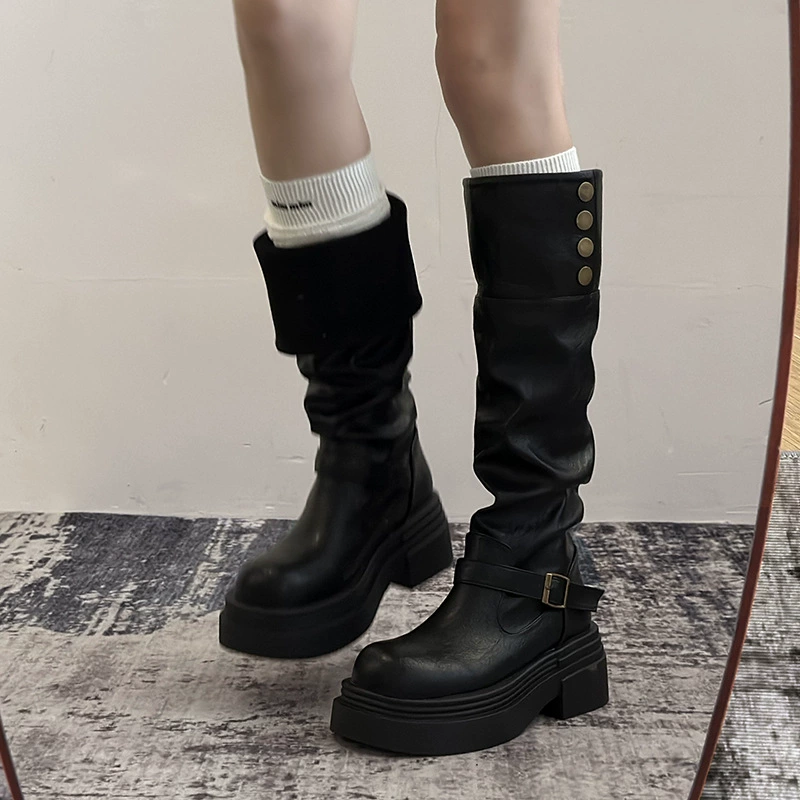 Retro high boots, belt platform, buckle, autumn