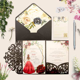 三折激光镂空婚礼贺卡结婚邀请卡卡片印刷制作跨境销