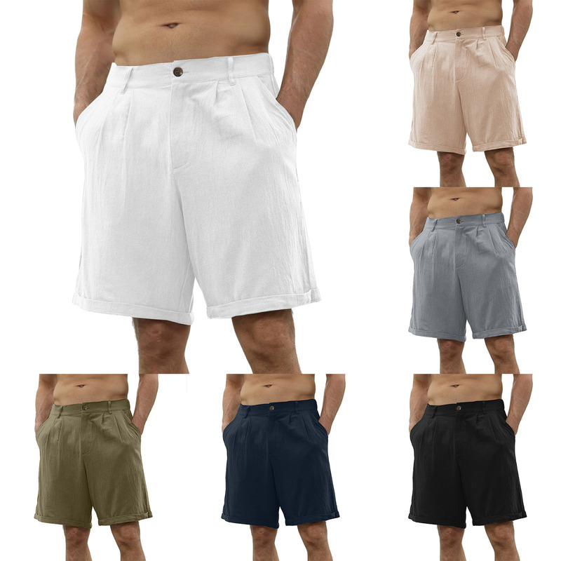Cross-border Hot Sale Men's Cotton and Linen Casual Beach Shorts Cotton Classic Summer Shorts with Buttons Elastic Waist