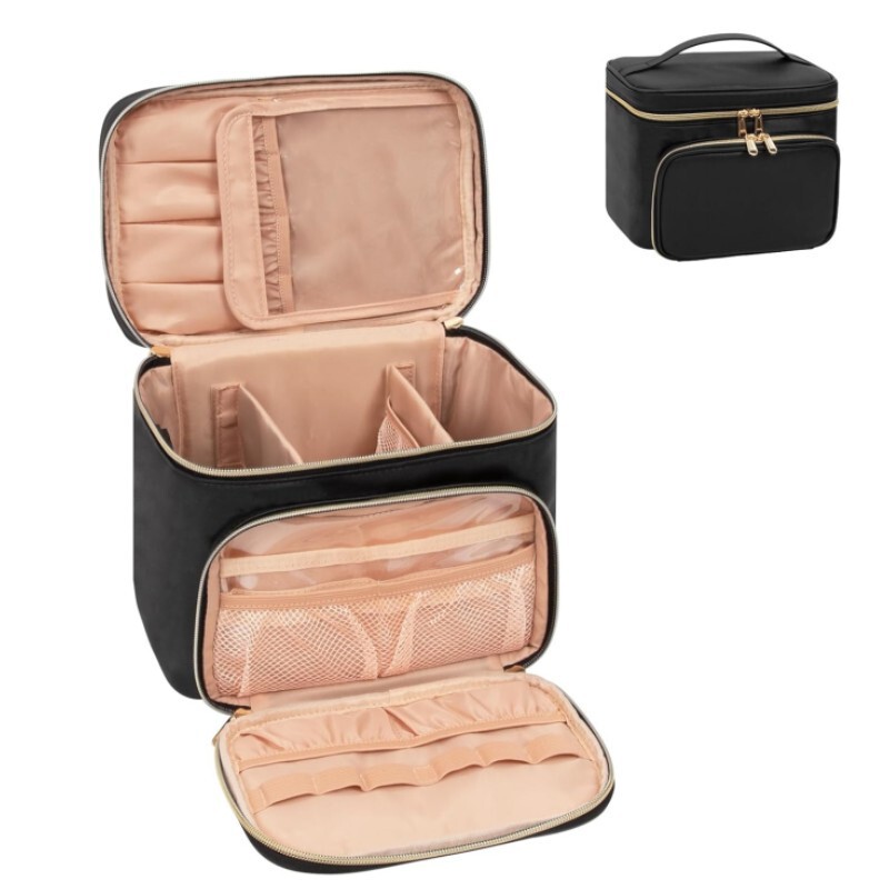 In Stock Portable Travel Cosmetic Bag with Makeup Brush Compartment Fashion Makeup Bag Organizer with Handle Divider
