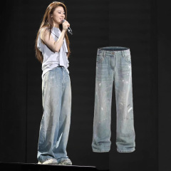 现货单衣纯同款泼墨复古牛仔裤2025秋季新小众设计感宽松女直筒裤