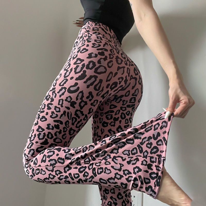 Layered Leopard Print Yoga Pants Breathable Leg-Show Long Micro-Chop Pants High Waist Sports Pilates Tight-Fit Trousers