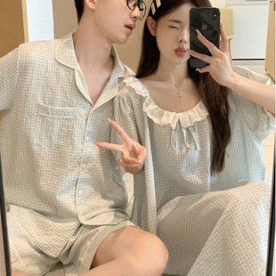South Korea Ins Women's Summer New Plaid Nightdress for Couples Ins Lace Sweet Short Sleeve suit Home Clothes dress