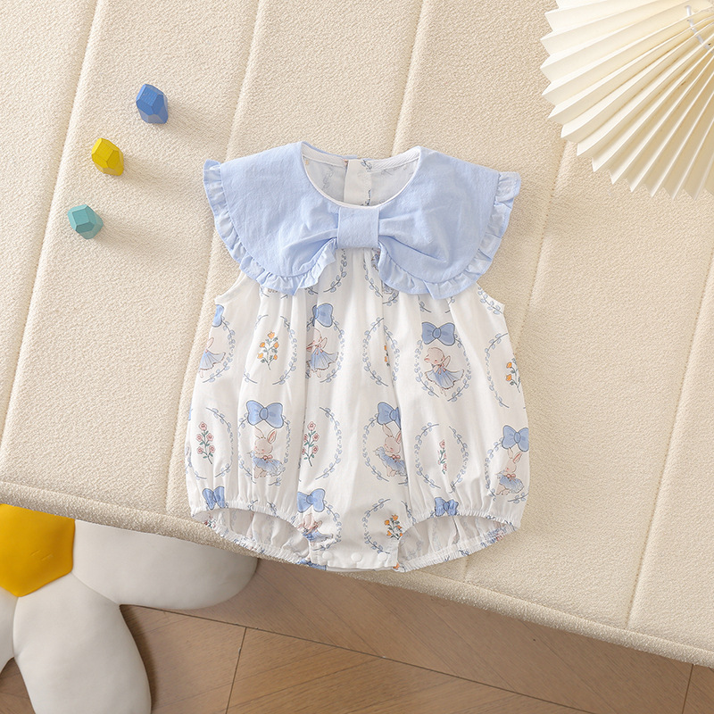 Summer Korean Style Sleeveless Single-Breasted Romper with Butterfly Collar and Wide Shoulder Bag for Girls and Newborns
