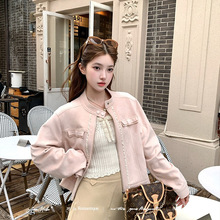 Acaine短款长袖粉色廓形麂皮外套女秋季美式棒球服夹克显白上衣