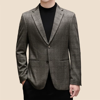 轻奢羊毛休闲西服外套男秋冬厚款时尚格修身免烫百搭中年单西上衣