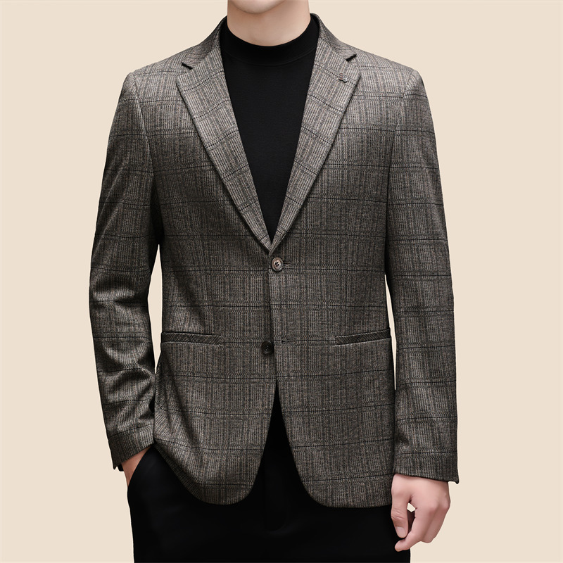 轻奢羊毛休闲西服外套男秋冬厚款时尚格修身免烫百搭中年单西上衣