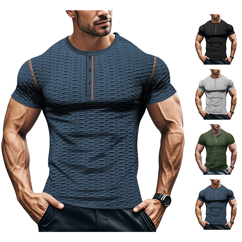 Camiseta deportiva europea y americana, informal, ajustada, transpirable, de manga corta para hombre, camiseta Henley muscular para hombre, transpirable y absorbente del sudor