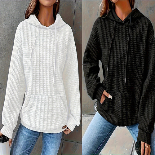 New European and American autumn/winter best-selling solid-color hooded drawstring fashion long-sleeved women's sweatshirt—loose fit