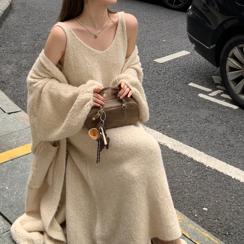 慵懒风软糯奶fufu宽松毛衣外套女纯欲显瘦中长款针织开衫＋长背心|undefined
