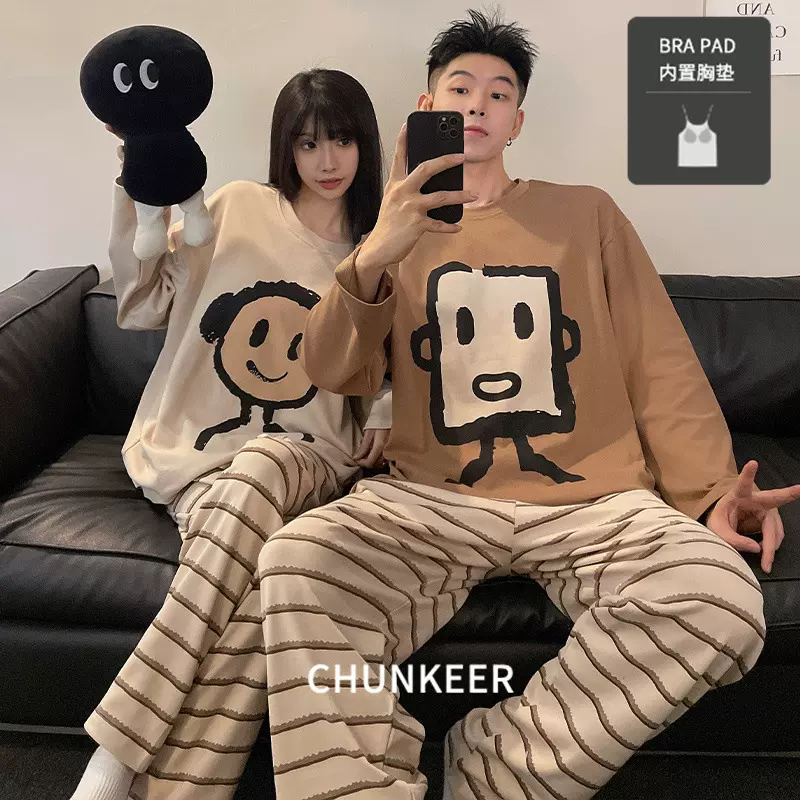 秋冬季情侣睡衣女秋带胸垫长袖长裤休闲套头外穿卡通家居服套装男