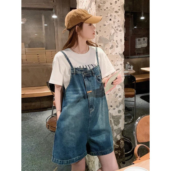 Irregular Denim Suspender Shorts for Women Spring and Summer New Design Versatile Fashionable Loose Denim Straight Pants