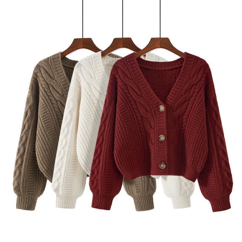 V-Neck Cable Knit Sweater Loose Cardigan for Women Autumn Winter New Petite Japanese Style Lazy Knit Cardigan Top Trendy