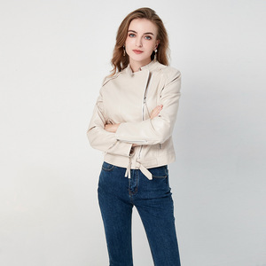 欧美机车皮夹克女装竖拉链皮衣女短款修身皮衣外套图片