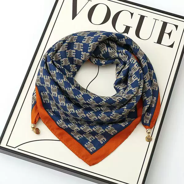 16 small E navy blue and orange edge---magnetic buckle cotton and linen (triangular scarf)