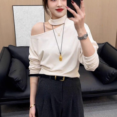 春秋冬新款气质露肩设计感长袖T恤女装小众洋气减龄显瘦百搭上衣