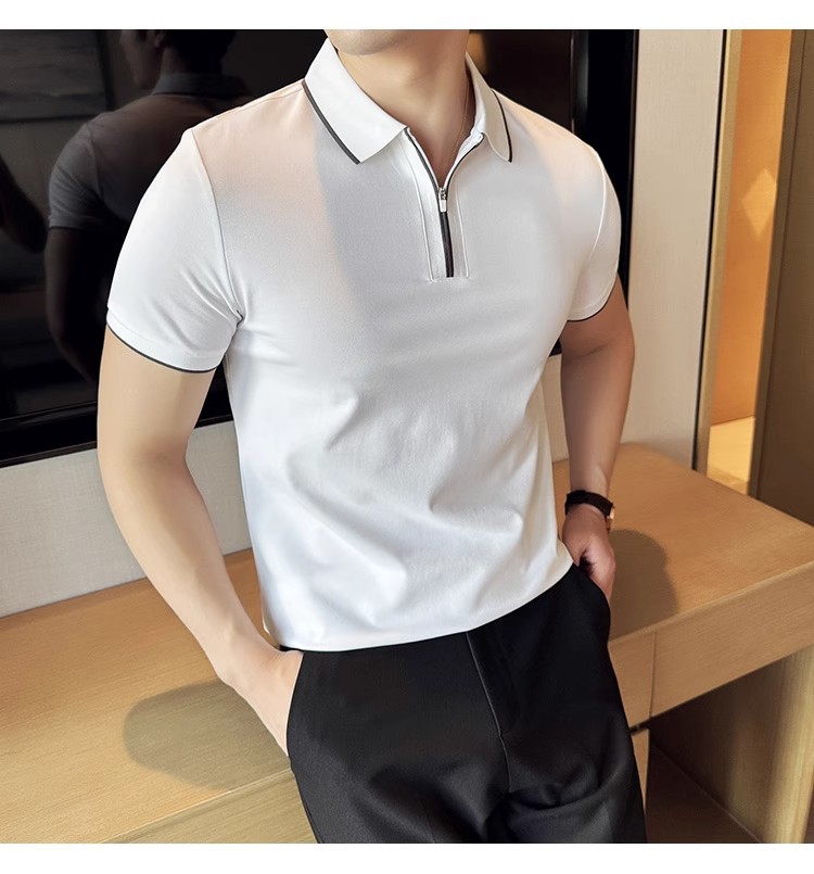 "Men's Slim-Fit Zip Polo Shirt – Breathable Cotton Short Sleeve With Embroidered Detail, Business Casual Summer Top (3 Colors, Sizes M-XXXXL)"_viptrois.com
