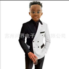 欧美新款简约休闲男童两件套花童西装生日宴会西服拼色童西装派对