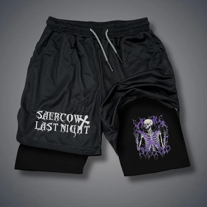 Quick-drying men's skull print faux two-piece summer breathable sports shorts, double-layered two-in-one casual shorts Quick-drying men's skull print faux two-piece summer breathable sports shorts, double-layered two-in-one casual shorts