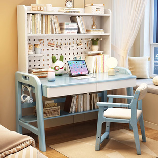 Solid Wood Desk Bookshelf Integrated Table Hole Board Children's Study Table Home Desk Simple Computer Table Can Be Lifted