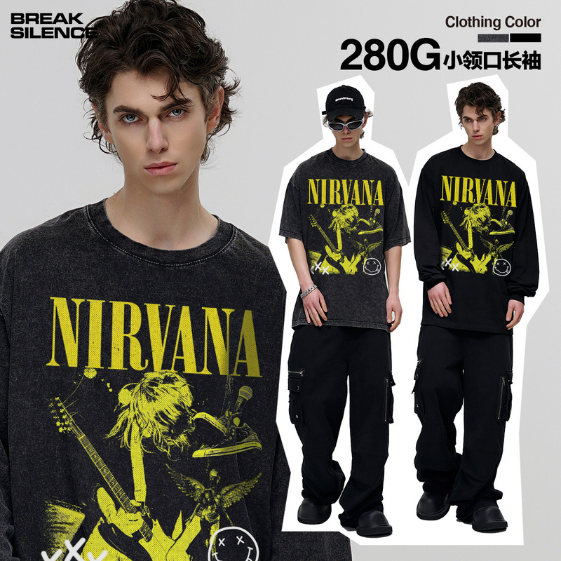 NIRVANA Nirvana Rock Band Short-sleeved T-shirt Autumn New Cross-border Heavy American Retro Men's Pure Cotton High Street