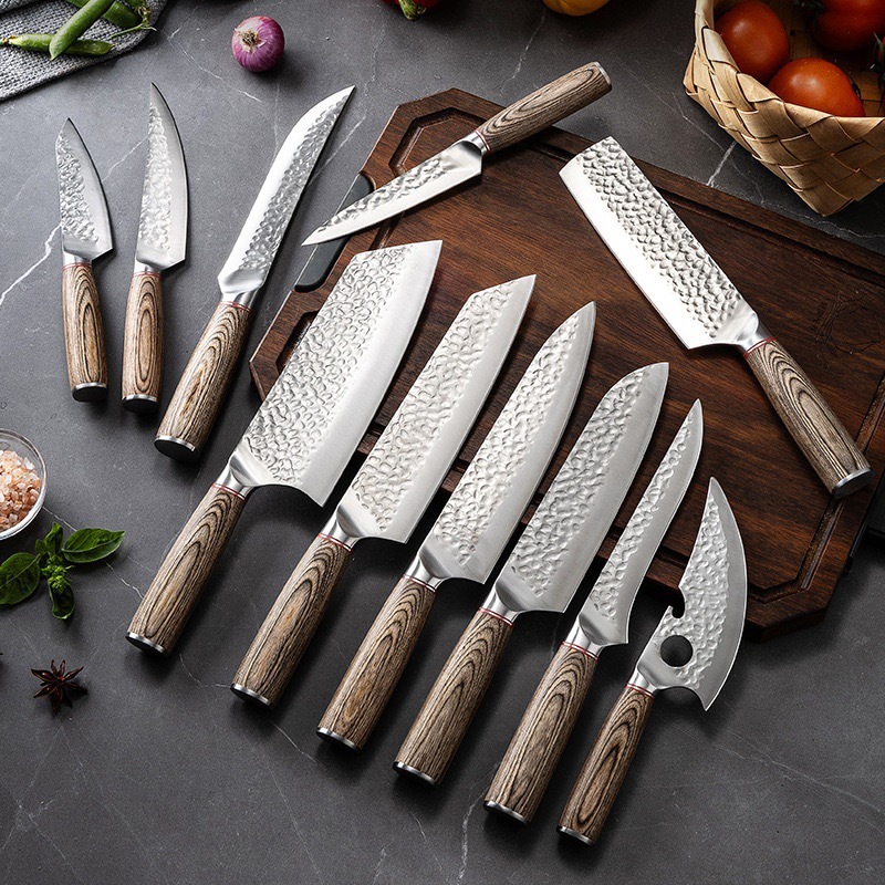Cross-border : Colorful Wooden Handle Hammered Steel Blade Knife Set,...