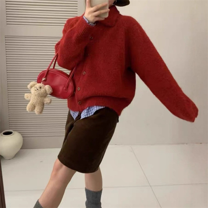 秋冬韩系单排扣翻领针织开衫上衣温柔风甜美毛衣外套女高级感品质|undefined